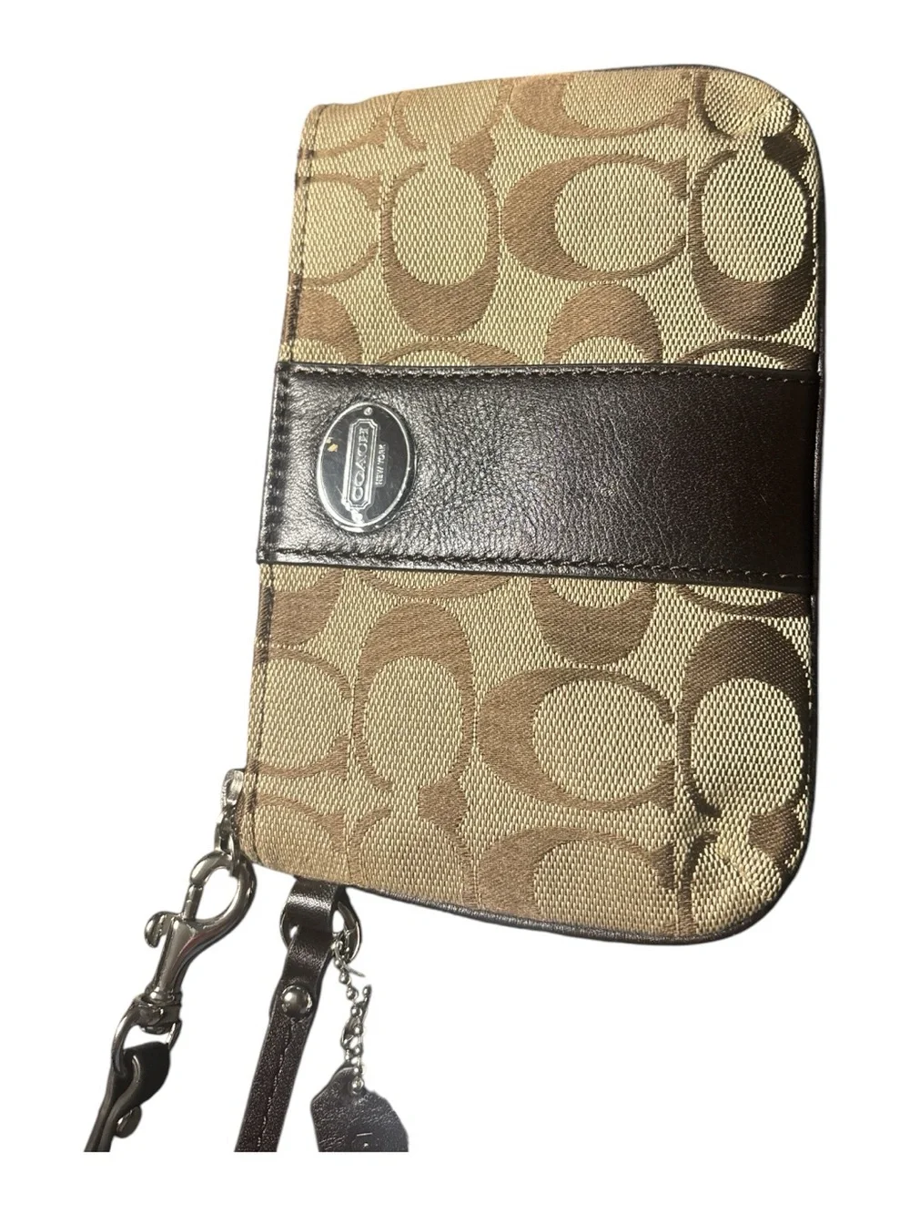 Coach Tan/Brown Signature Canvas Wristlet with Leather Strap